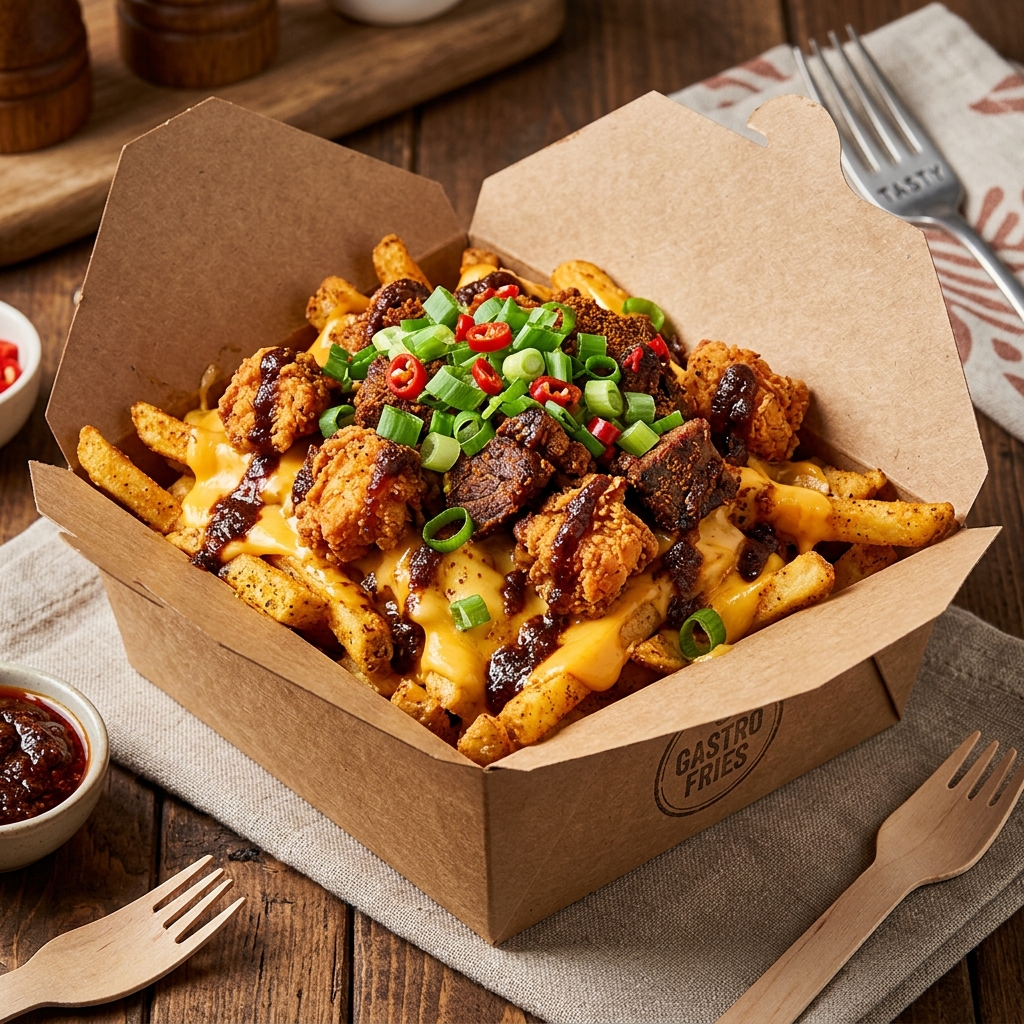 Piping hot loaded fries with cheddar cheese and savory meats at Papi's Taste
