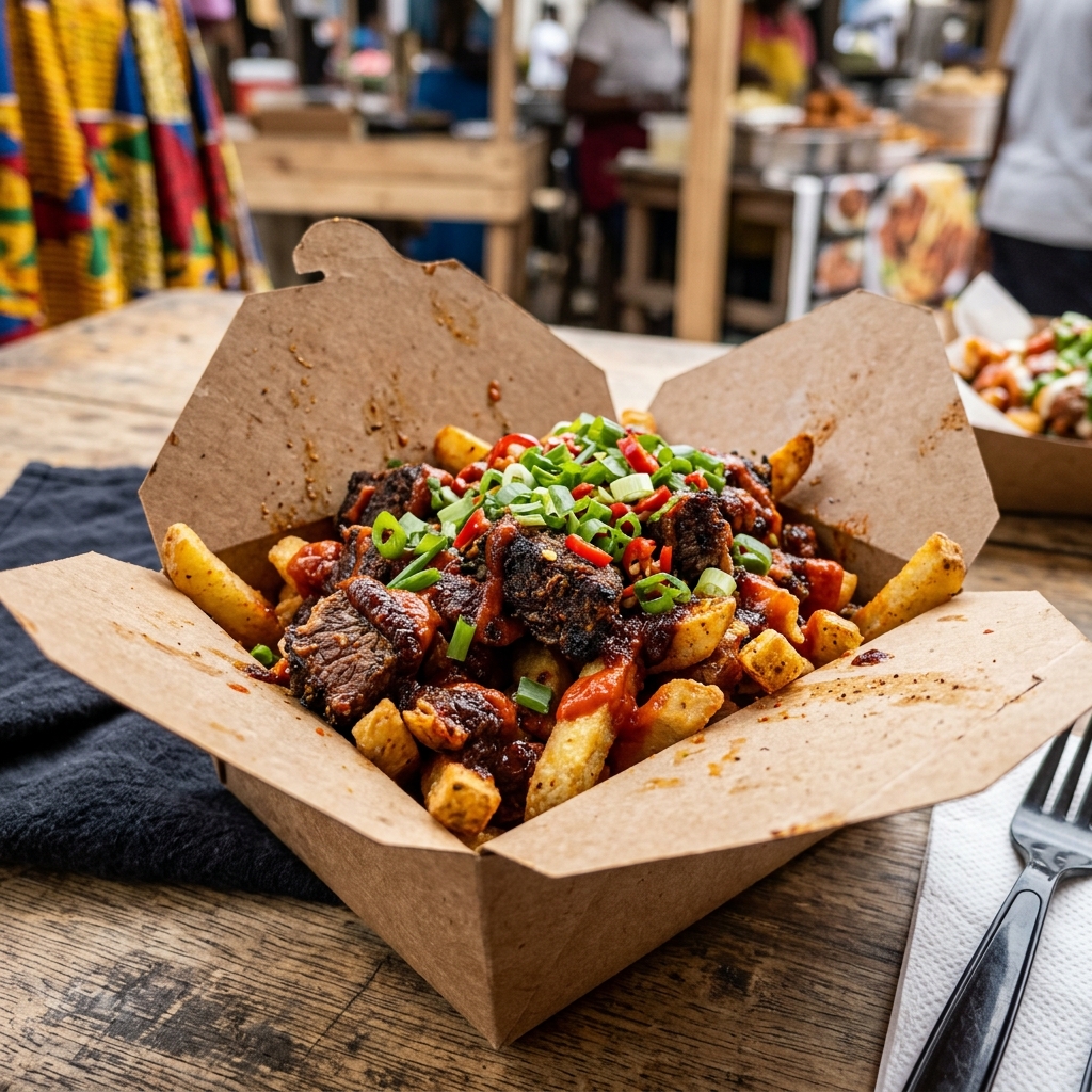 Loaded fries overflowing with suya beef, warm sauces, and fresh garnishes at Papi's Taste
